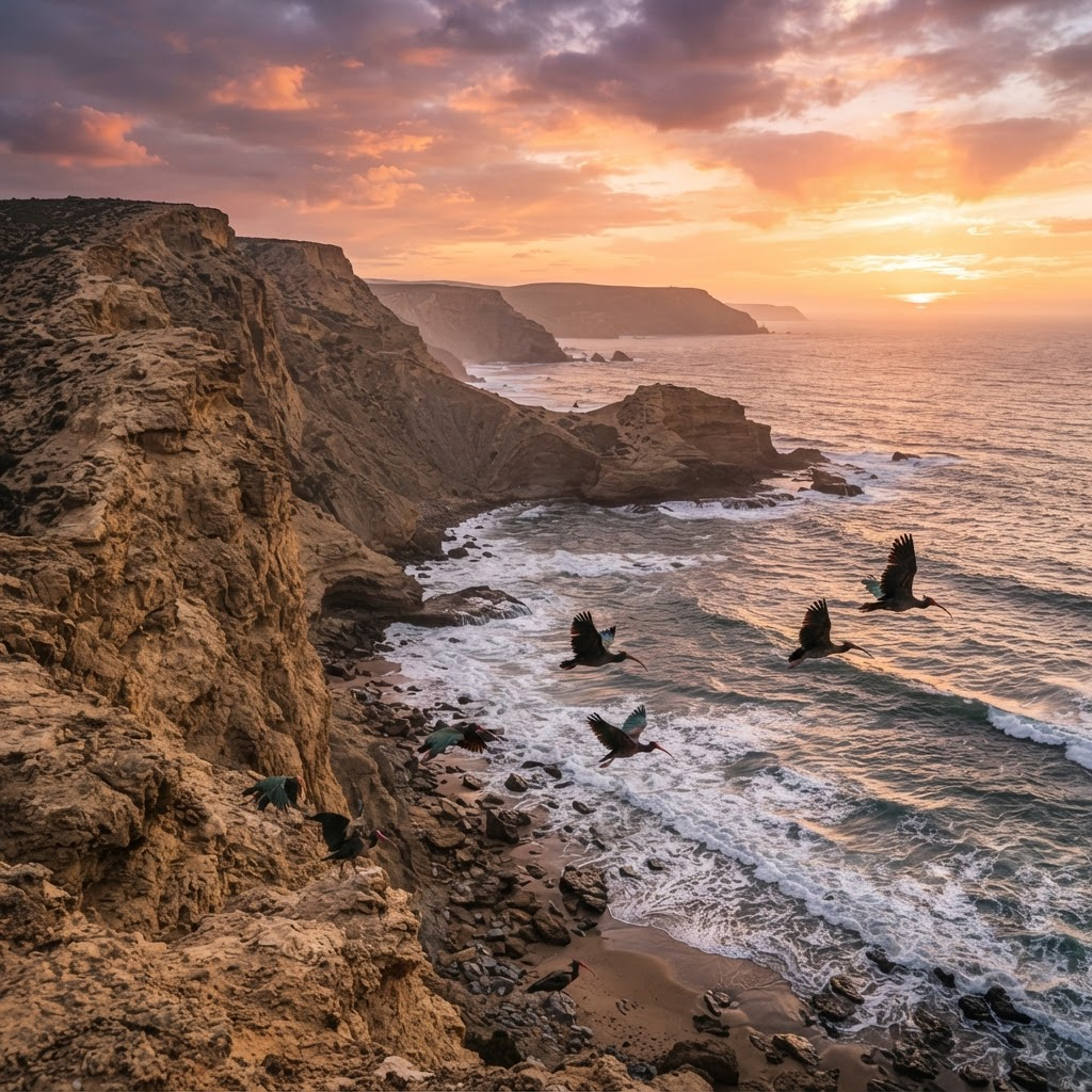 Northern Bald Ibis birds flying along the Souss-Massa coastline at sunset in southern Morocco